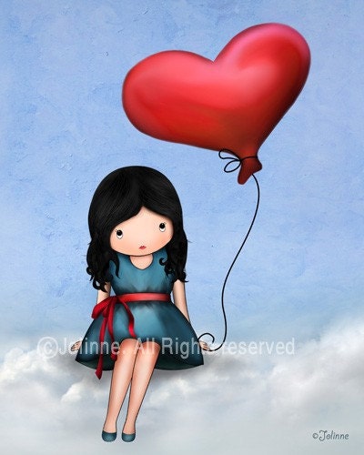 Kids room decor wall art print, nursery decoration original illustration drawing , girl love heart balloon valentines day