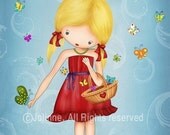 Art print for girls room, children wall art, nursery print, illustration girl with butterflies, turquoise room art ,children spring