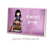 Girl on books purple personalized children door plaque sign, ready to hang, kids art decor, baby room custom sign