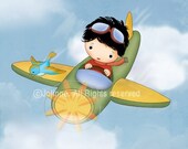Boys wall art, nursery decor, kids room art, boy, airplane,  SQUARE Original illustration art print, bird