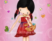 Pink wall art print girl and butterflies children wall hanging digital reproduction Nature inspired colorful room decor