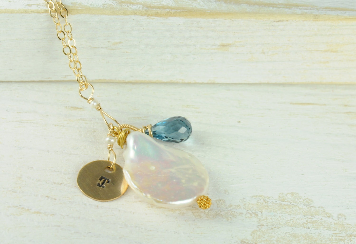 Personalized Initial Charm Necklace , Holiday Gifts, Stocking Stuffers, pearls and London Blue Topaz Necklace