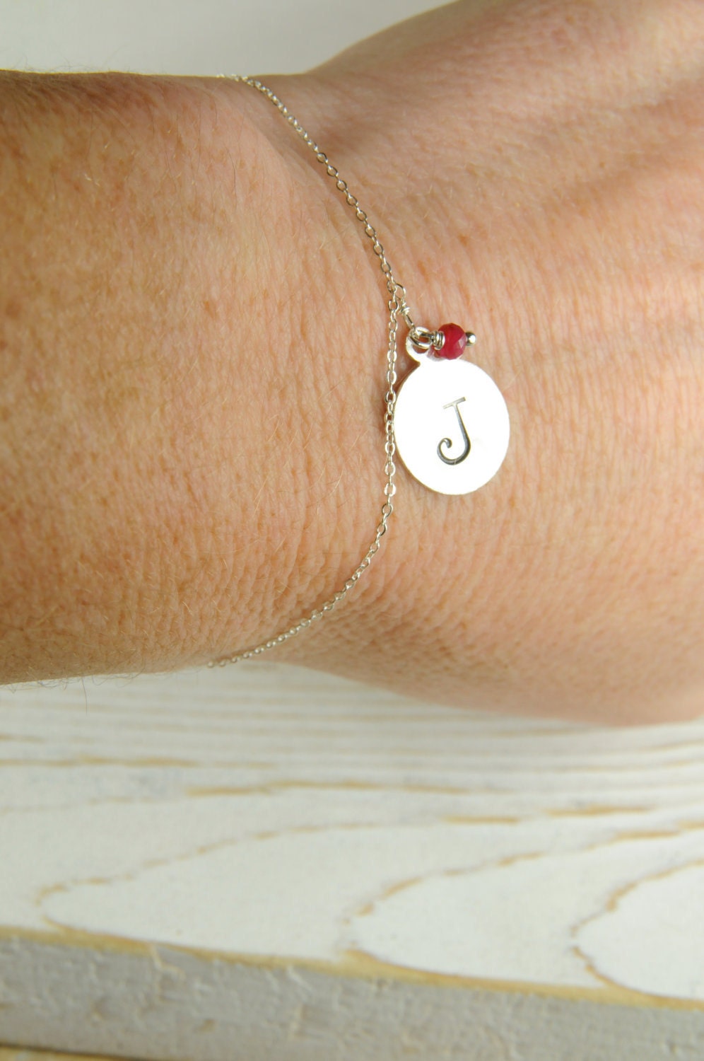 Simple Chain Bracelet with Initial Charm:)   Red Ruby, Sterling Silver, Personalized, Winter Weddings, Monogrammed Gifts, Magnetic Closure