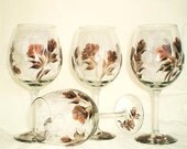 Wine Glasses HandPainted Glassware - Contemporary Metallic Ebony Black and Copper Roses - Set of 4 Elegant Wedding Bridal Party Fathers Day