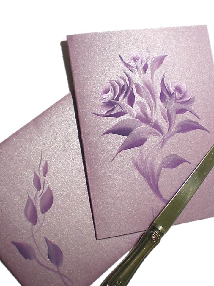 Note Cards - Hand Painted Metallic Purple Roses on Amethyst Iridescent Card Stock - Set of 4 Stationery Abstract Modern - Ready to Ship