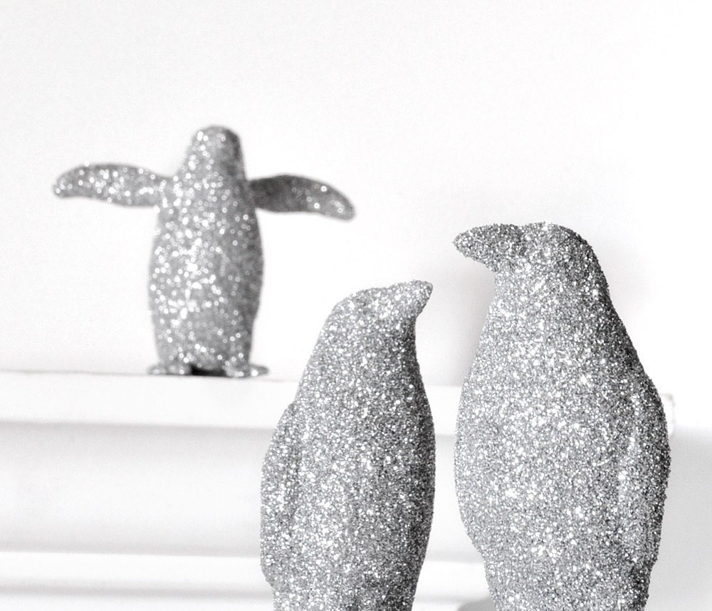 Silver Penguins Wedding Party Decor in Winter Glitter for Entertaining Table Settings, Nursery Decor or Home Decoration