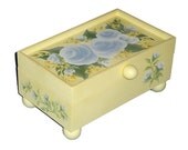Jewelry Box Mirror and Trays - Hand Painted Soft Yellow Chiffon Box with Blue Roses Small Yellow Flowers  - Wooden Jewelry Keepsake Box