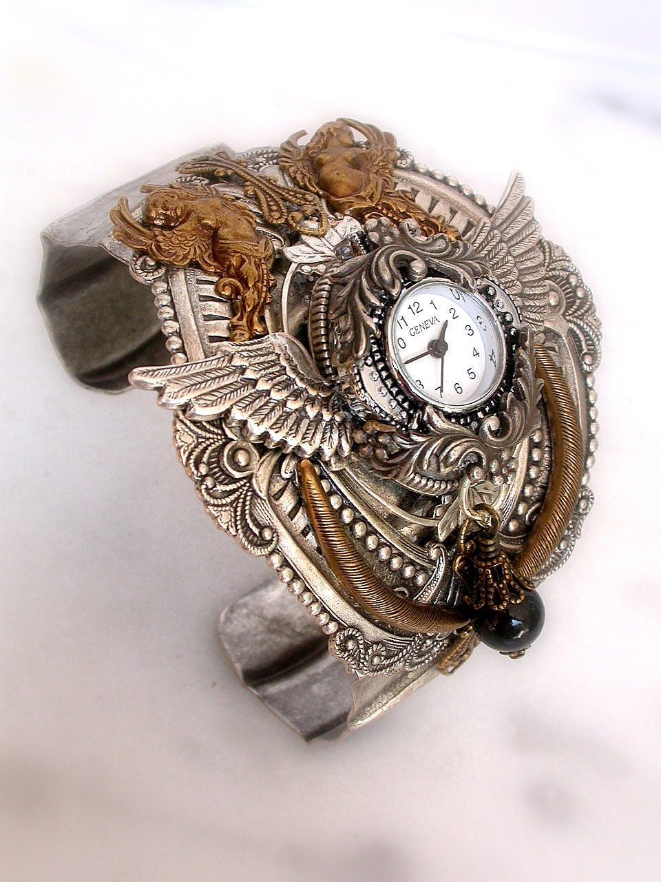 Valkyries and Goddesses - Gothic Steampunk Cuff Watch in Silver and Brass
