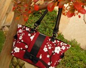 Extra Large Hand Painted Cherry Blossom Carry All Purse and Laptop Case in Red, White and Black with Leather accents
