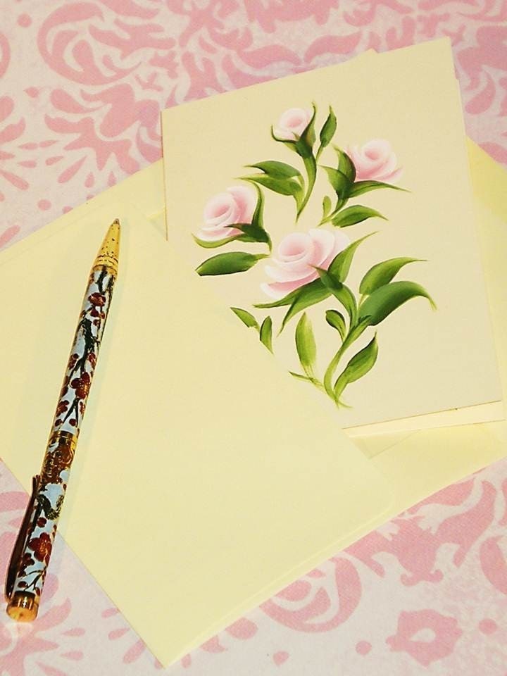Hand Painted Greeting Card - Shabby Chic Pink Roses on Blank Ivory Card - Set of FOUR