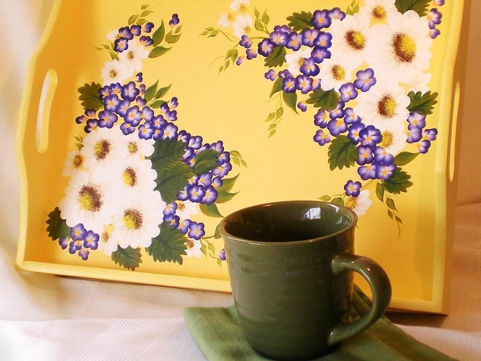 Hand Painted Serving Hostess Tray - Sunflower Yellow with White Daisies, Blue Flowers - Thank You Gift Can be Personazlized