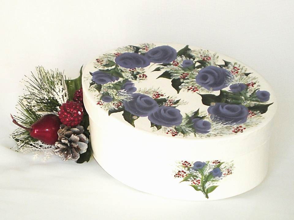 Decorative Hat Box Oval - Hand Painted Plum Purple Roses, Red Winter Berries, Snowy Leaves, Rhinestone Snowflakes, Gift Box