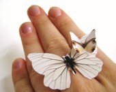Large White Statement Ring Wedding Woodland Paper Leaf Print Butterfly