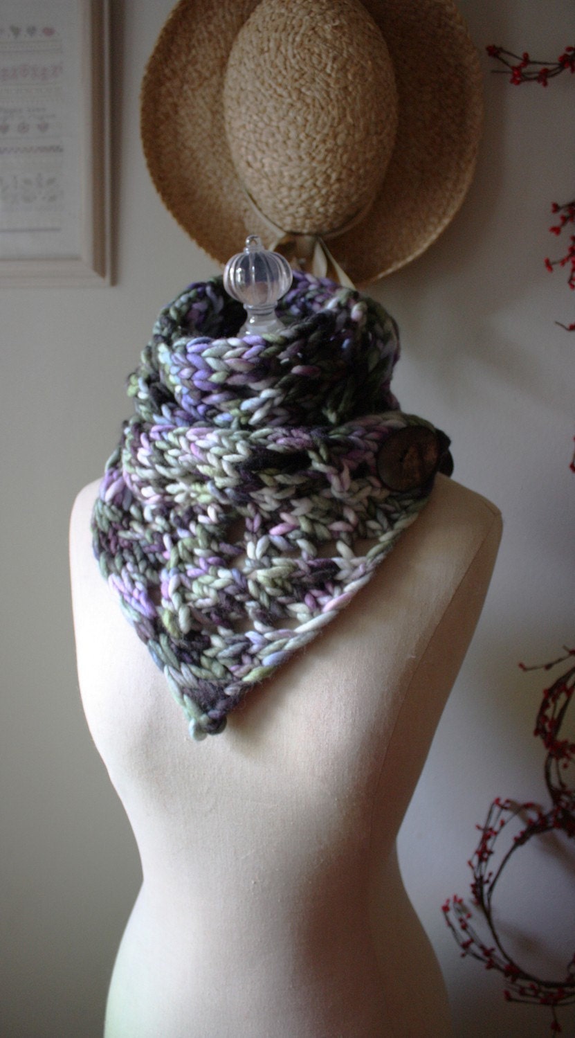 Oversized Cowl Scarf / Plum Green / Hand Knit Chunky Lace
