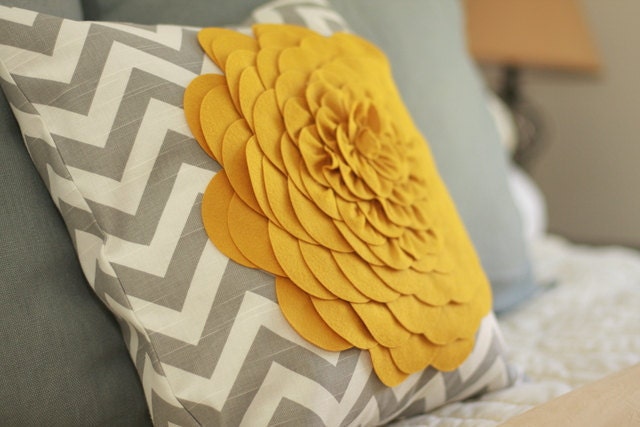 Gray Chevron stripe felt flower pillow cover. 18x18