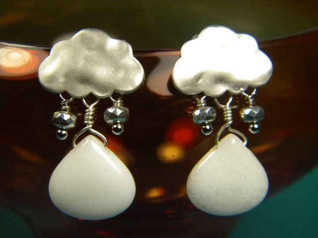 Bright White Jade and Faceted Glass - Rainy Day Earrings