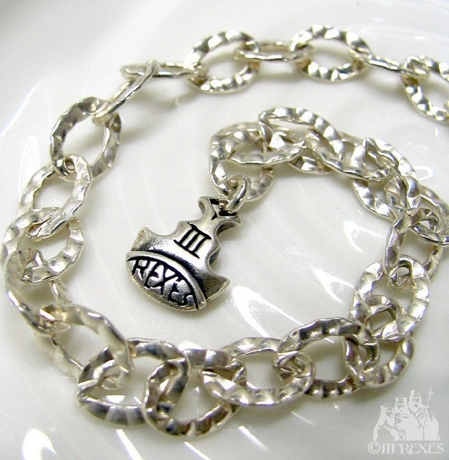 Sterling Silver Bracelet, Hammered Heavy Chain, Adjustable, Custom Crown Charm