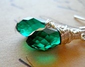 Emerald Green Earrings, Sterling Silver Swarovski Wrapped Briolettes, Deep Green Drops Jewelry