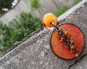Vitamin C - Wood Watercolor Art Pendant Tile, Boro lampwork Bead, Swarovski and Vintaj Natural Brass Necklace