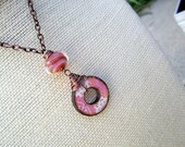 Wood Art Donut Pendant, Boro Lampwork Glass Bead, Antiqued Copper Necklace