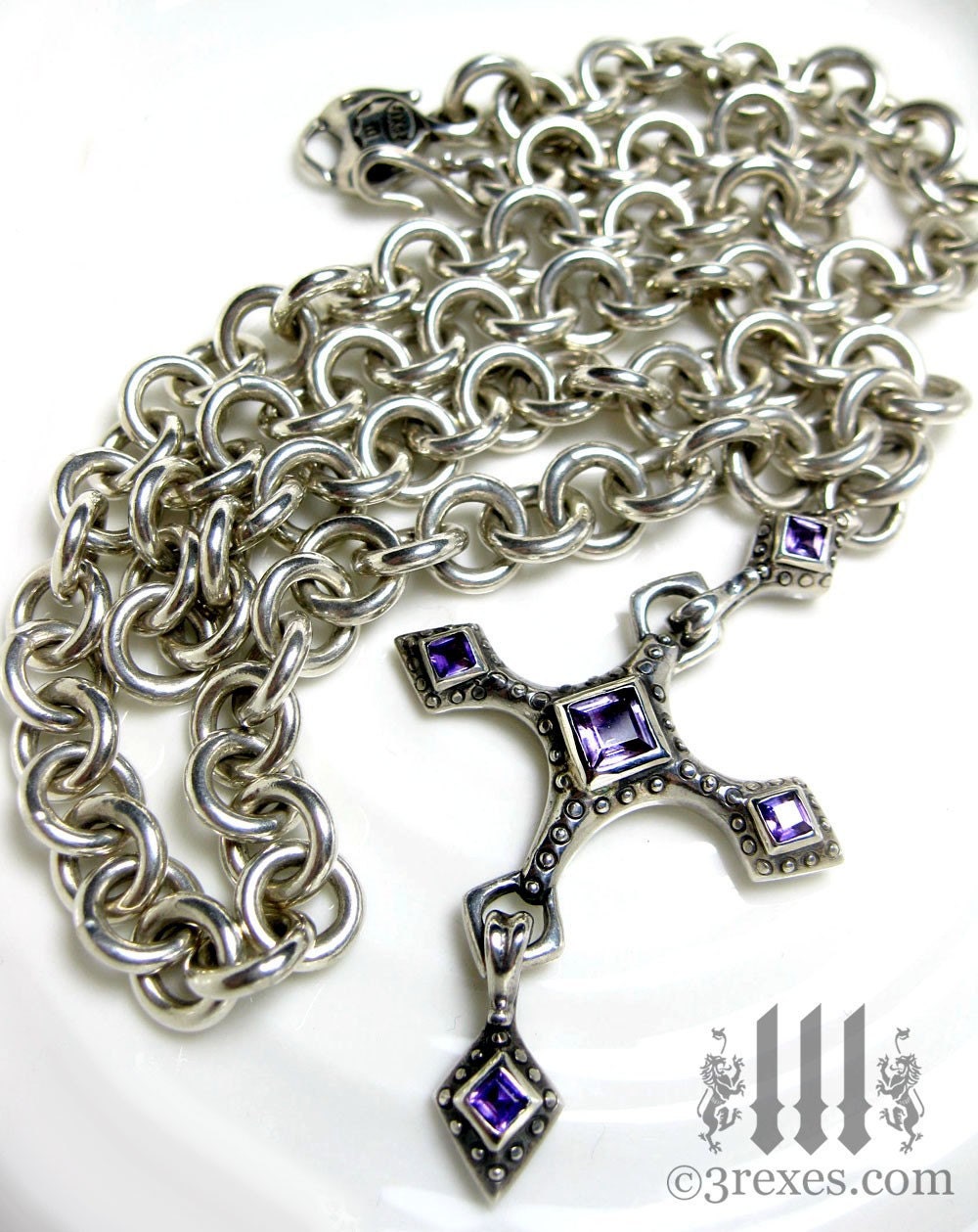 Renaissance Silver Cross Necklace, Purple Amethyst Stone, Heavy Tiffany Chain, Gothic Jewelry