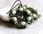 Mint Green Glass, Brass Flower - Beadwoven Earrings- Petalage in Mint and Brown - Handmade Fashion