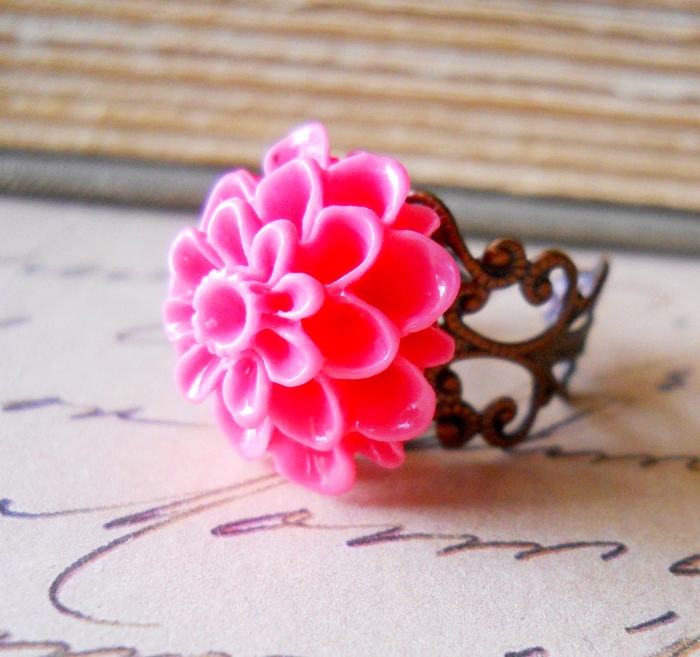 Hot Pink Dahlia Ring Antiqued Copper Filigree