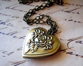 Heart Locket Necklace Antiqued Brass Shabby Chic Roses Floral Flowers, Valentine's Day