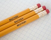BAZINGA pencils 3 three in mustard yellow.  Your zingers are so amazing, they have their own catchphrase.
