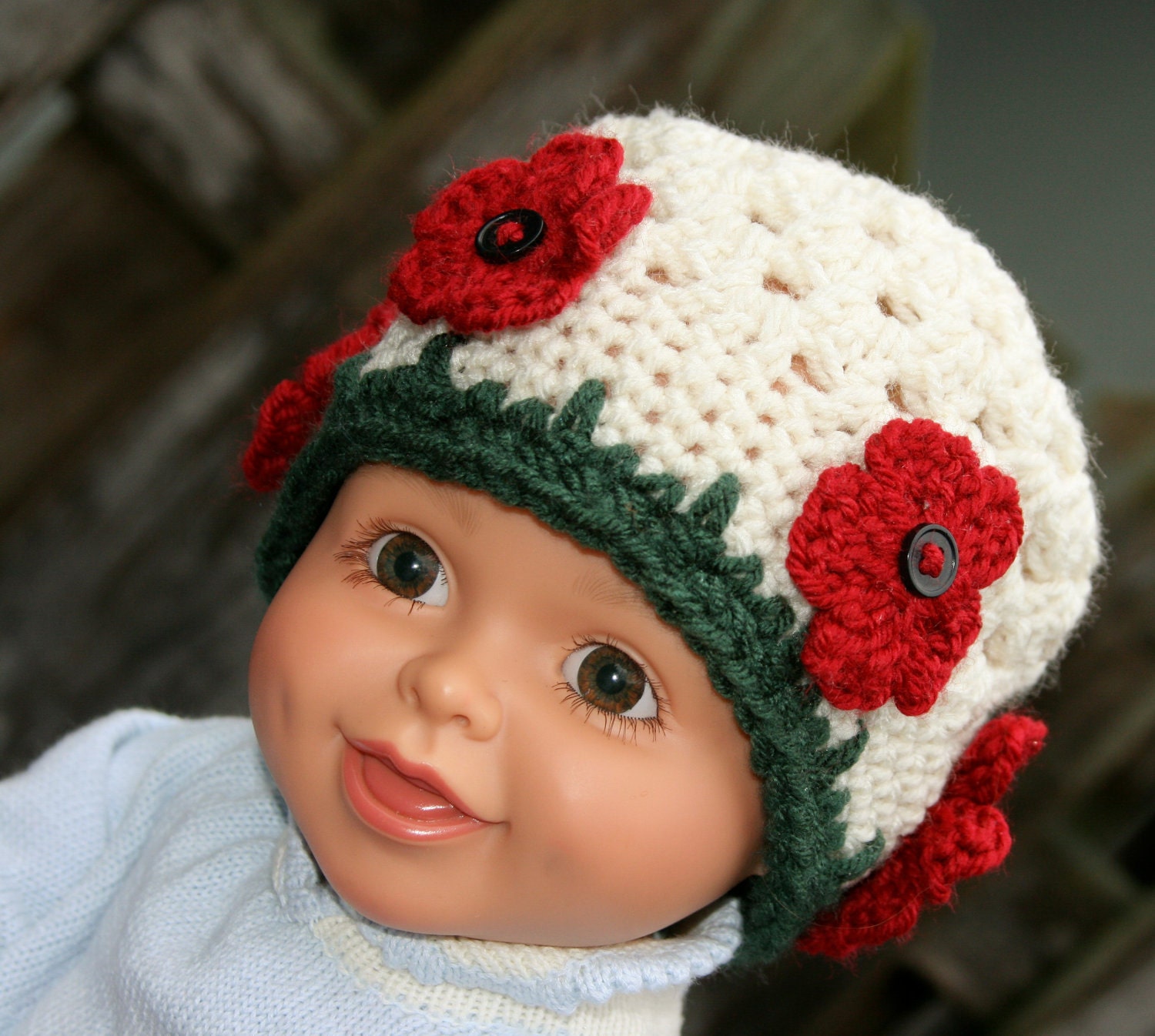 Baby girl hat newborn 0-3 month size hat. flower accent crochet red, green and off white Custom colors & size available