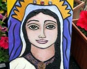 Virgin Mary Original Acrylic Folk Art  Painting. 13x71/2 on Wood With Added Vintage Jewels.