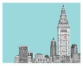 cleveland love skyline giclee fine art print 14" x 11"
