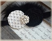 Baby Flower Headband- Black and Ivory Rosette Headband with Feathers and Pearl Rhinestone- Rosette Flower Headband