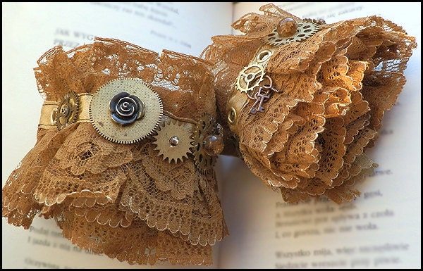 Steampunk Lace Wrist Cuffs with watch gears Neo Victorian gold and brown