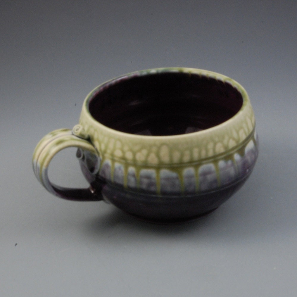 Soup Bowl with Handle Eggplant Purple Fern Green Porcelain Handmade by Mark Hudak
