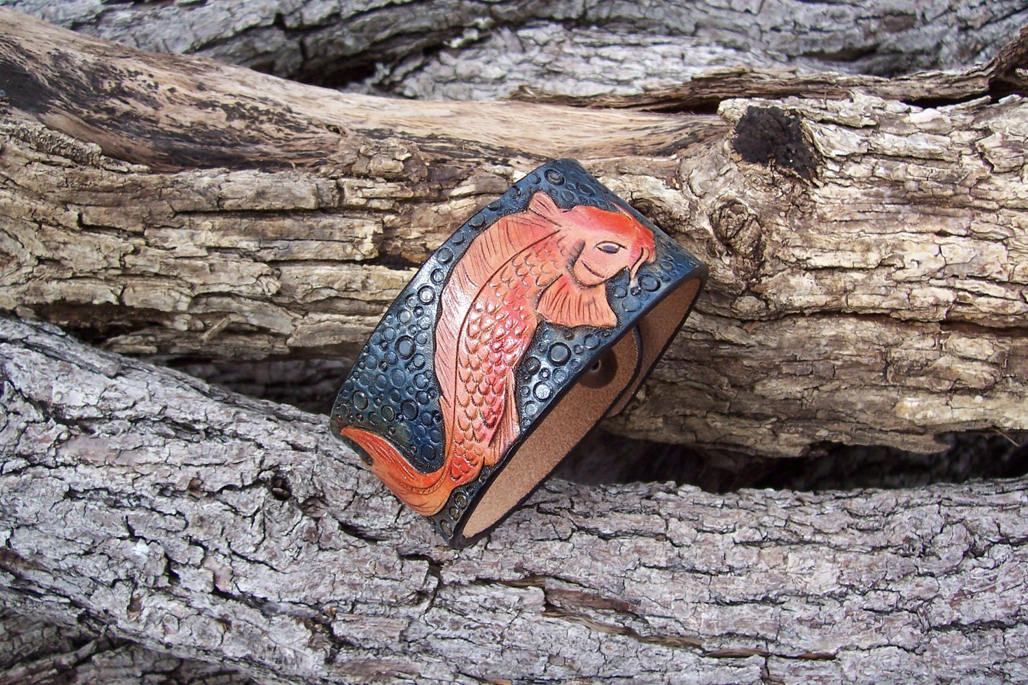 Colorful Koi carved leather cuff, bracer, bracelet, OOAK tooled