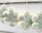 Christmas Snowflake Ornaments/Decorations in White and Ice Blue with Sparkle Yarn