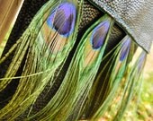 Black Faux Leather and Peacock Handbag with Peacock Feather Fringe Trim and Inside Pocket Perfect for E Readers