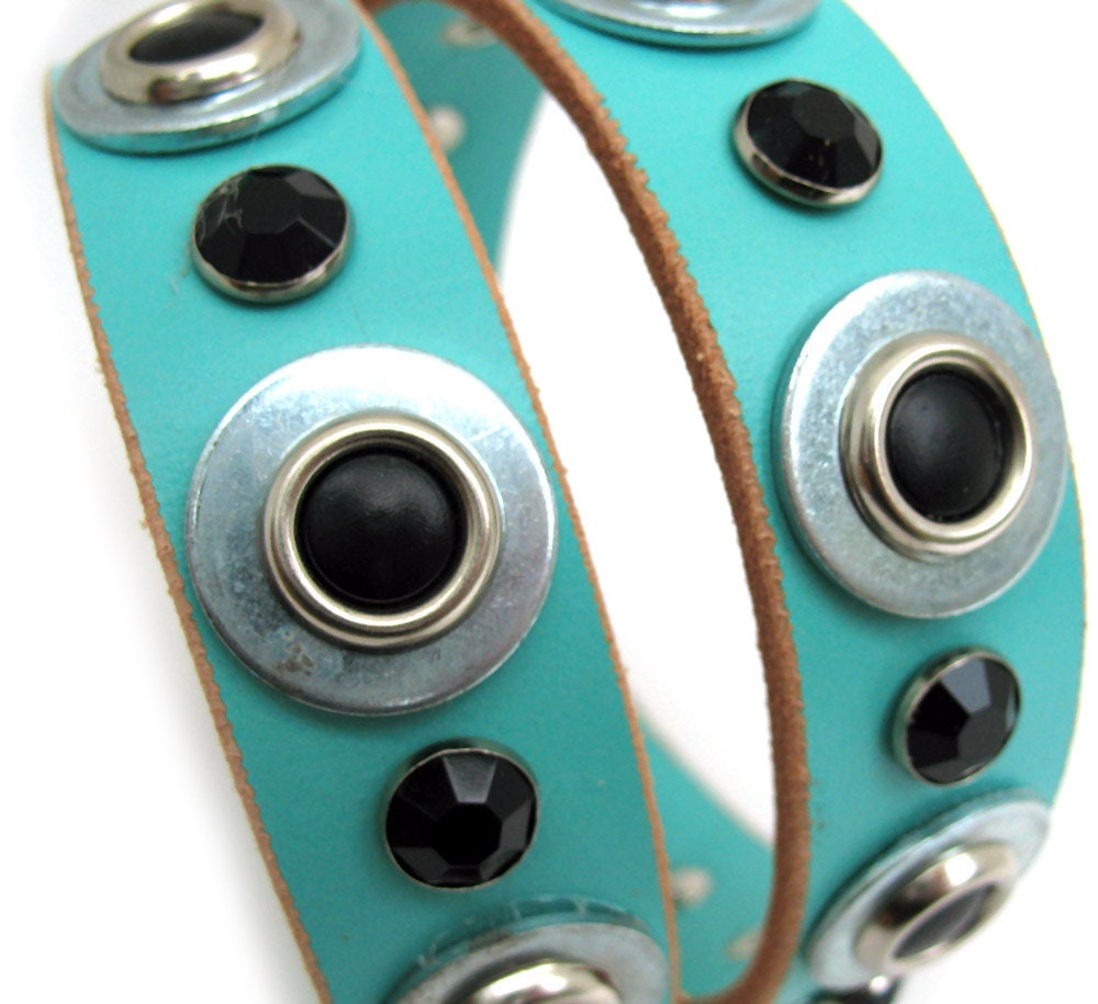 Leather Dog Collar in Aqua with Black Industrial Dots, Size XL, Large Dog, Pet Accessories, Eco Friendly, Unique, OOAK