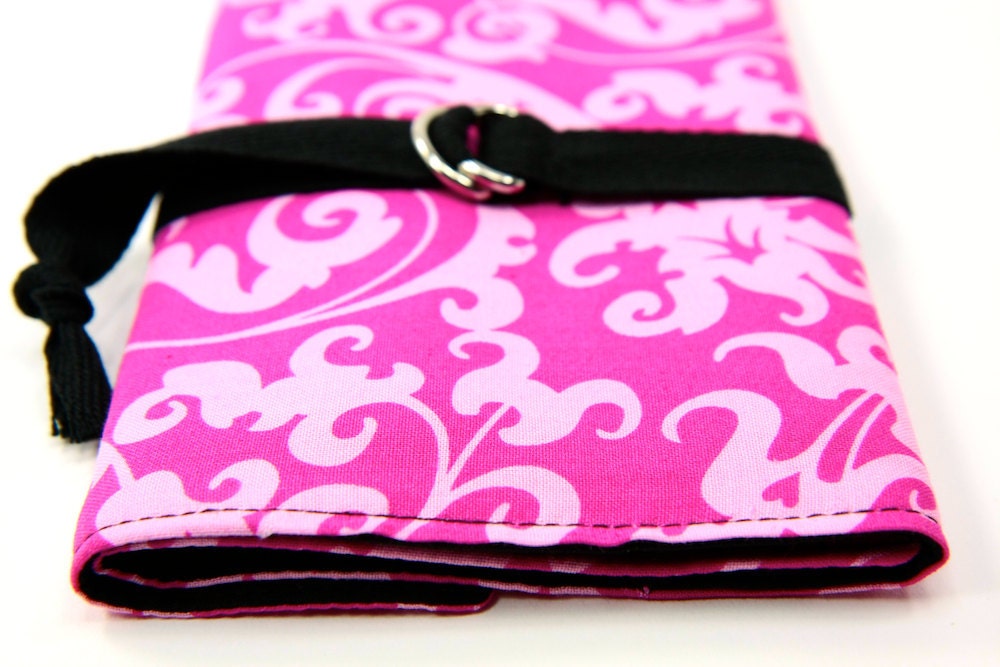 SHORT dpn or circular Knitting Needle Organizer Case - Hot Pink Damask - 24 black pockets