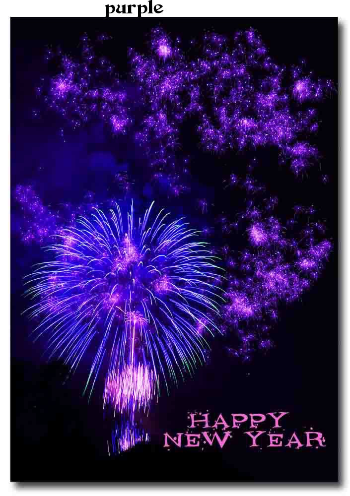 Set of 4 four Happy New Year cards fireworks photos purple blue green and red 5x7