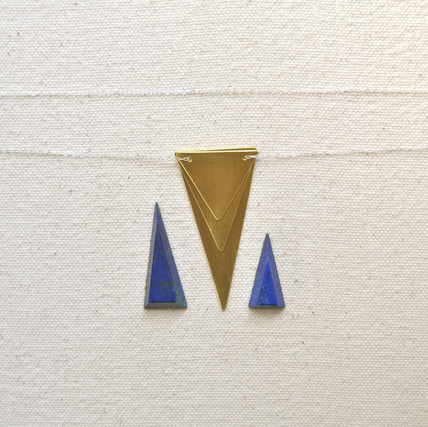 The Spear of Destiny- Hand Cut Layered Brass Triangles on Sterling Chain