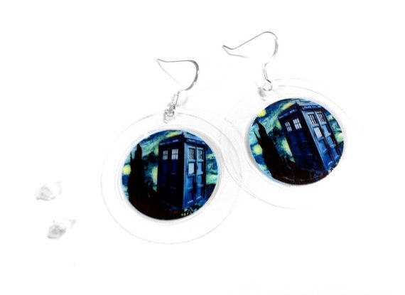 Doctor Who inspired Earrings TARDIS Starry Night Circle, Dangle Sci Fi Lovers Jewelry by Bohemian Bear on Etsy.