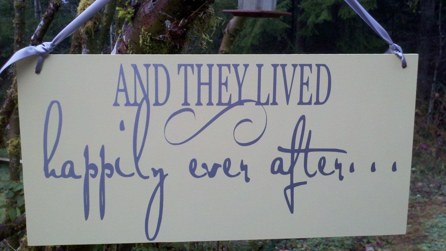 Yellow and Gray Double Sided Wedding Photo Prop Here Comes the Bride/lived happily ever after on the other