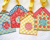 French Country Bird House Tags red yellow aqua blue floral polka dot gingham stripe