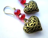 Heart Earrings with Czech Red Crystals - Holiday Love