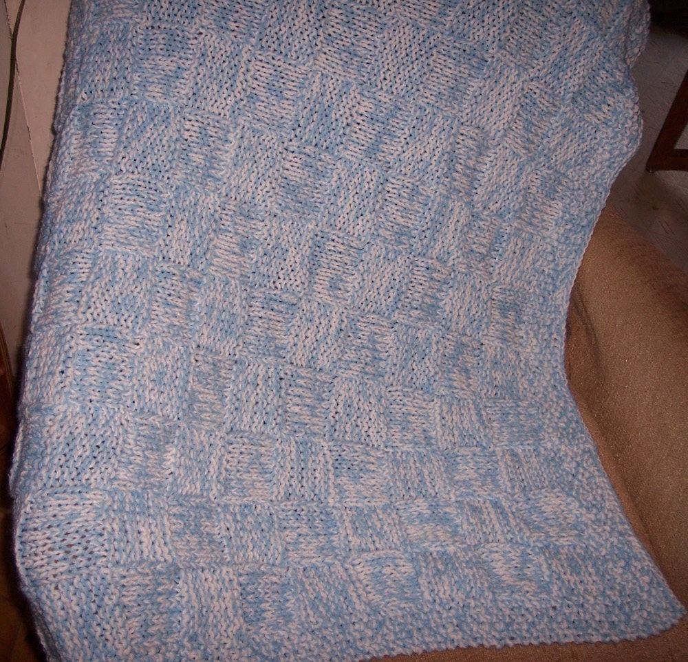 Handknit Blue Baby Blanket, Basketweave pattern, Acrylic yarn