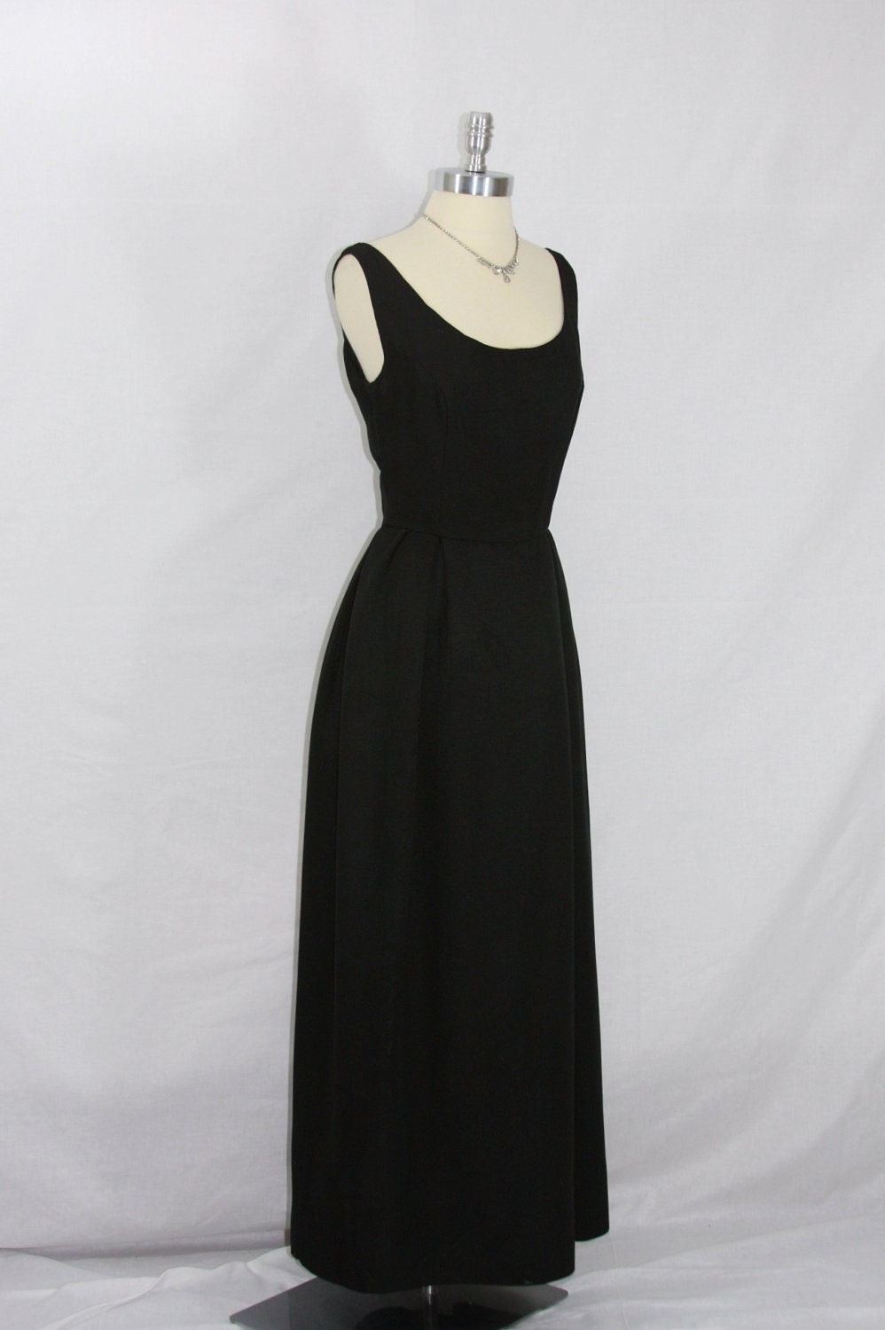 1960's Full Length Dress - Black Sleeveless Scoop Neck Formal Frock