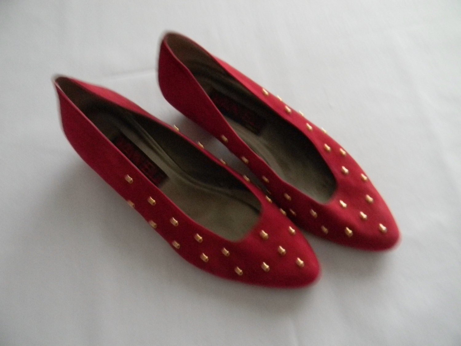 Vintage Shoes, Gold Bead Studded Suede Flats, Garnet Red, USA 7.5 7 1/2, EU 38