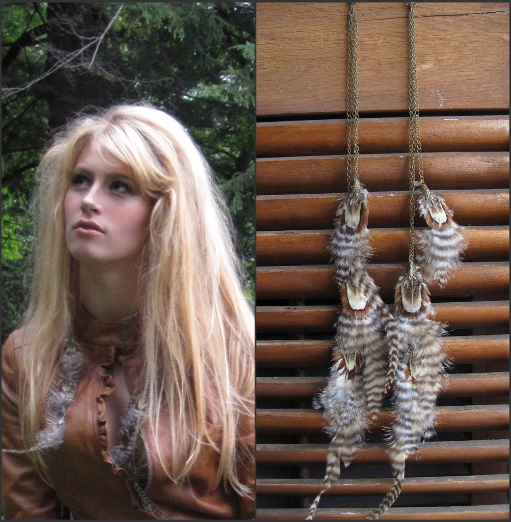 OWL FLIGHT Earrings/ SUPER Long Brass and Feather Earrings